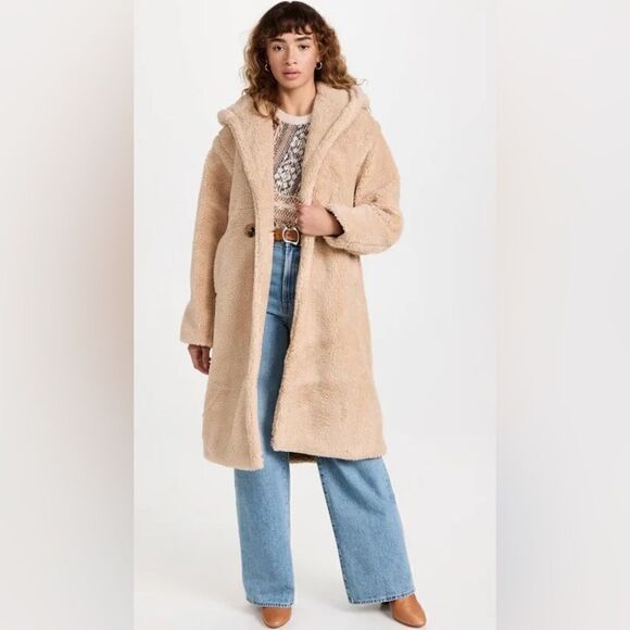 Apparis Mia 2 Hooded Faux Shearling Coat in Toffee NWT - Picture 1 of 15